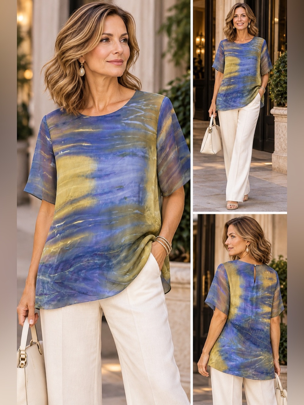 Short-Sleeve Watercolor Tunic in Blue and Olive Made in Canada 🇨🇦